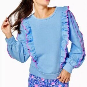 Lilly Pulitzer Suzy Scalloped Sweatshirt Women's Whimsy Pullover Puff Sleeve L